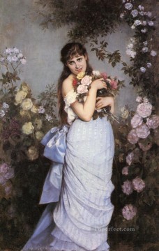 Una mujer joven en un jardín de rosas Flores clásicas de Auguste Toulmouche Pinturas al óleo